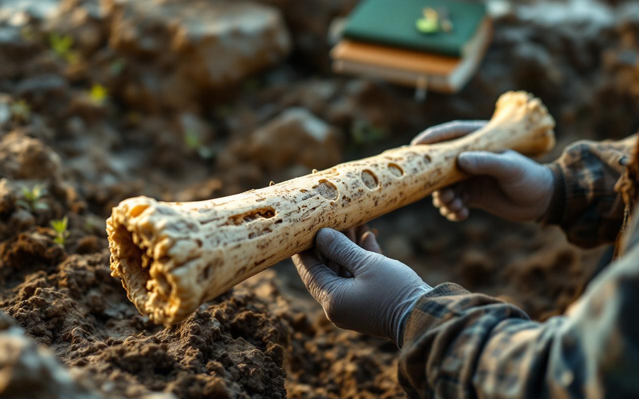 Un chercheur tient une fl&ucirc;te en os ancienne sur un chantier de fouilles, examinant l'instrument avec des gants et de petits pinceaux, lumi&egrave;re douce et tons bleu-vert dominants.