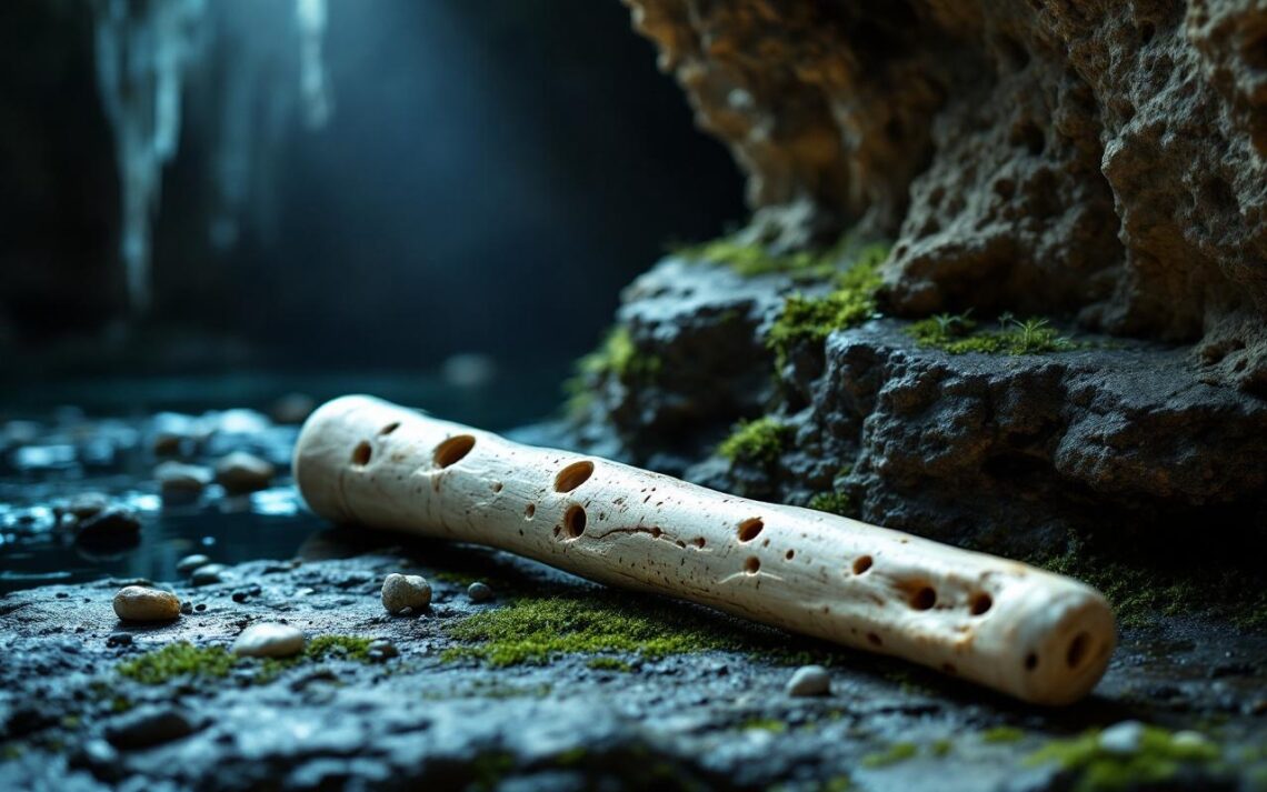 flute-en-os-posee-sur-une-corniche-de-pierre-couverte-de-mousse-dans-une-grotte-sombre-entouree-de-petits-cailloux-et-de-stalactites-eclairee-par-une-lueur-douce-qui-cree-une-ambiance-mysteri