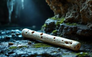 flute-en-os-posee-sur-une-corniche-de-pierre-couverte-de-mousse-dans-une-grotte-sombre-entouree-de-petits-cailloux-et-de-stalactites-eclairee-par-une-lueur-douce-qui-cree-une-ambiance-mysteri