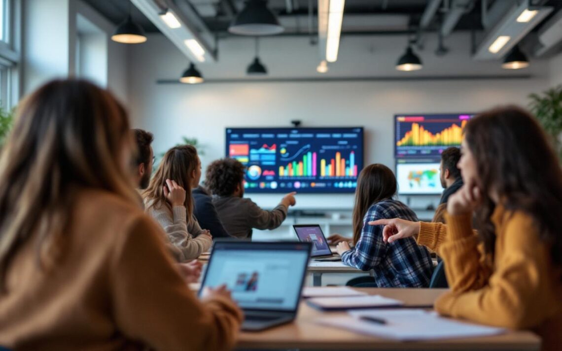 Des étudiants en orientation découvrent des métiers du marketing digital sur des écrans et des graphiques dans une salle moderne et lumineuse.