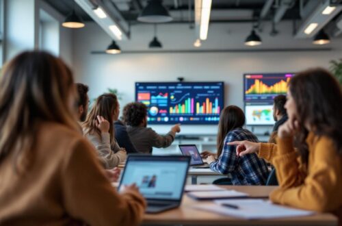 Des étudiants en orientation découvrent des métiers du marketing digital sur des écrans et des graphiques dans une salle moderne et lumineuse.