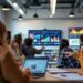 Des étudiants en orientation découvrent des métiers du marketing digital sur des écrans et des graphiques dans une salle moderne et lumineuse.