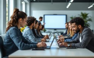 Des étudiants participent à une orientation numérique en utilisant des ordinateurs dans une salle de formation moderne et lumineuse.