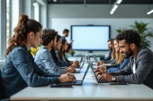 Des étudiants participent à une orientation numérique en utilisant des ordinateurs dans une salle de formation moderne et lumineuse.