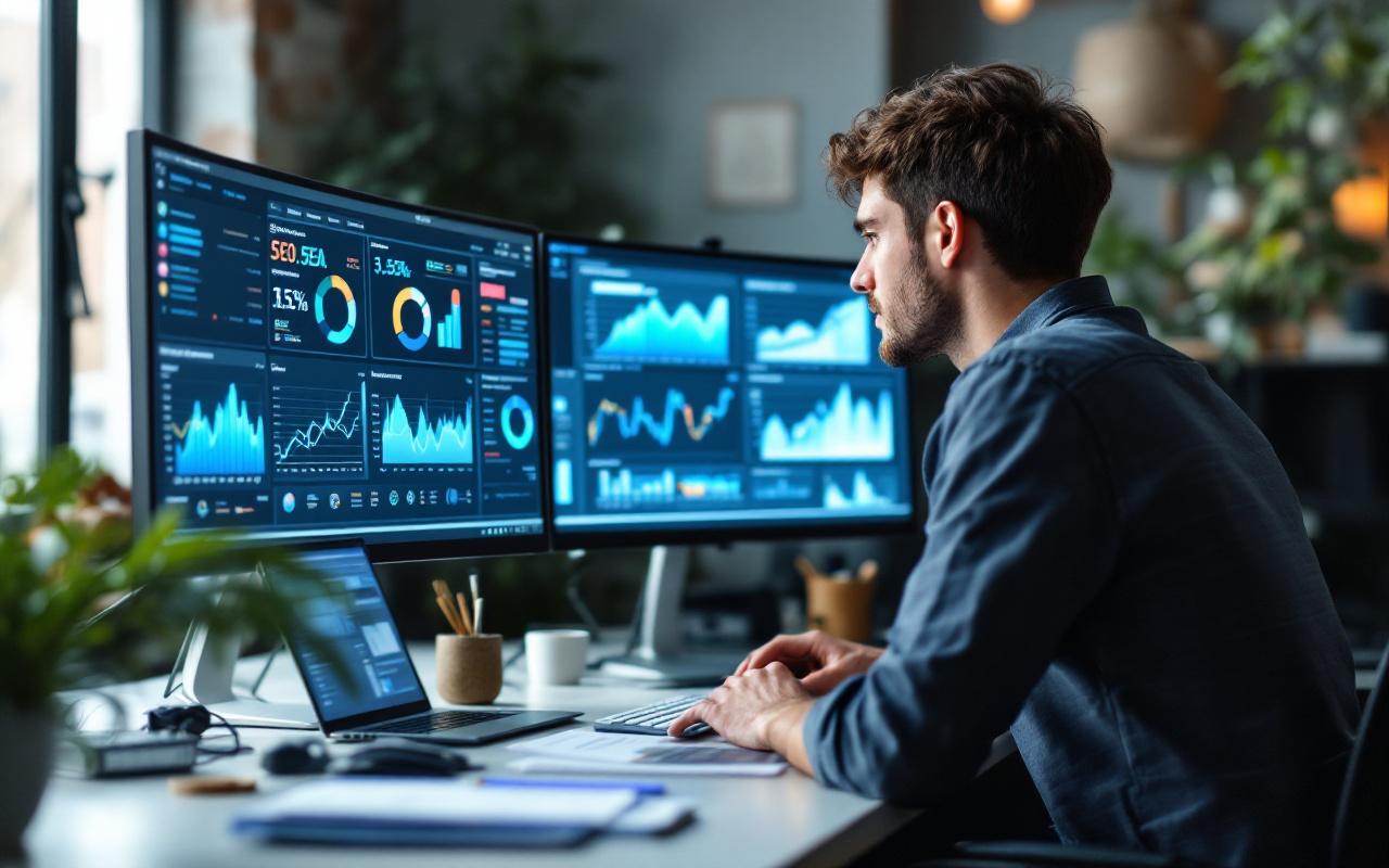 Jeune homme en formation en marketing digital analysant des tableaux de bord SEO, SEA et réseaux sociaux sur ordinateur dans un espace de travail moderne.