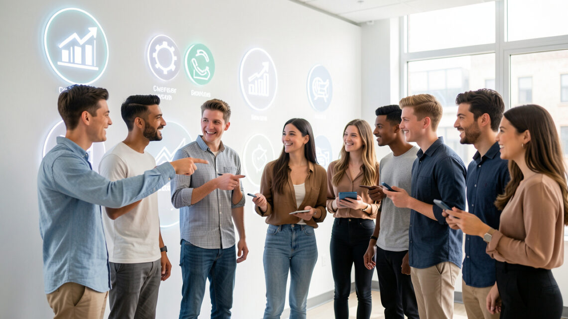 Jeunes adultes en tenue décontractée professionnelle devant des icônes lumineuses représentant différents secteurs en pleine croissance, ambiance moderne et positive dans un studio baigné de lumière.