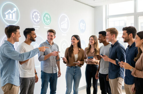 Jeunes adultes en tenue décontractée professionnelle devant des icônes lumineuses représentant différents secteurs en pleine croissance, ambiance moderne et positive dans un studio baigné de lumière.