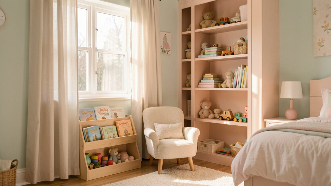 Chambre d’enfant apaisante aux tons doux, avec un coin lecture confortable, des rangements simples et une lumière naturelle chaleureuse.