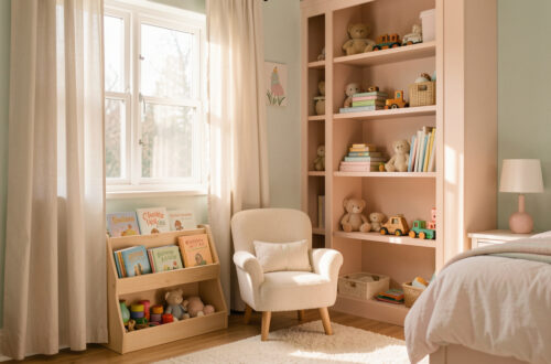 Chambre d’enfant apaisante aux tons doux, avec un coin lecture confortable, des rangements simples et une lumière naturelle chaleureuse.