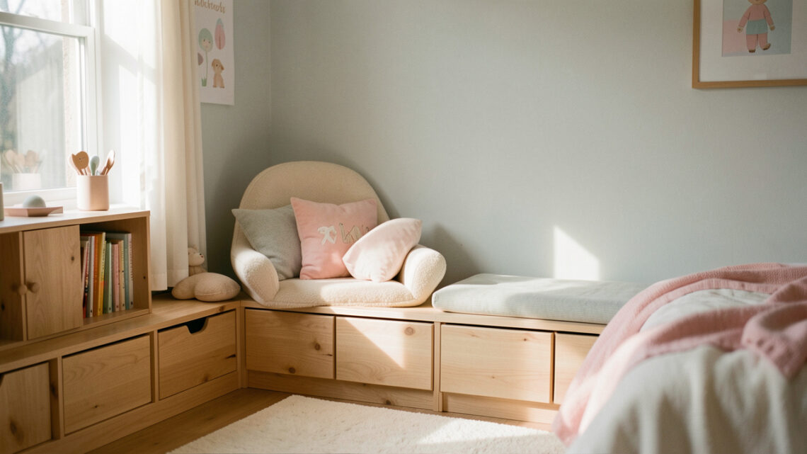 Chambre d’enfant apaisante avec mobilier en bois clair, coin lecture confortable, rangements bas et une lumière douce et naturelle.