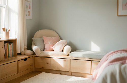 Chambre d’enfant apaisante avec mobilier en bois clair, coin lecture confortable, rangements bas et une lumière douce et naturelle.