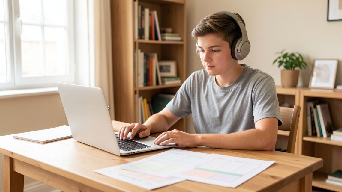 Un collégien dyslexique travaille sereinement à un bureau rangé avec un ordinateur portable, un casque audio et des fiches de cours aérées, dans une pièce lumineuse.
