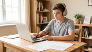 Un collégien dyslexique travaille sereinement à un bureau rangé avec un ordinateur portable, un casque audio et des fiches de cours aérées, dans une pièce lumineuse.