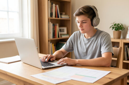 Un collégien dyslexique travaille sereinement à un bureau rangé avec un ordinateur portable, un casque audio et des fiches de cours aérées, dans une pièce lumineuse.