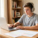 Un collégien dyslexique travaille sereinement à un bureau rangé avec un ordinateur portable, un casque audio et des fiches de cours aérées, dans une pièce lumineuse.