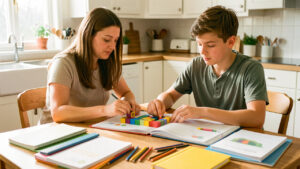 Une mère et un collégien organisent un planning de révisions coloré à une table de cuisine, entourés de cahiers et de fournitures scolaires, sous une lumière naturelle.
