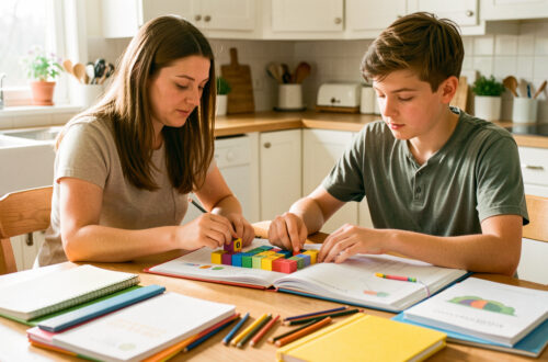Une mère et un collégien organisent un planning de révisions coloré à une table de cuisine, entourés de cahiers et de fournitures scolaires, sous une lumière naturelle.