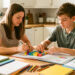 Une mère et un collégien organisent un planning de révisions coloré à une table de cuisine, entourés de cahiers et de fournitures scolaires, sous une lumière naturelle.