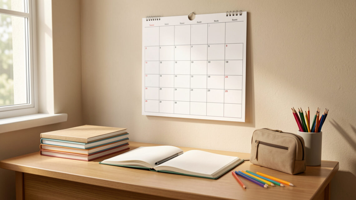 Calendrier mural scolaire vierge au-dessus d’un bureau de collégien, avec agenda, cahiers et crayons dans une lumière naturelle.