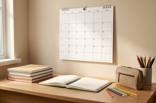 Calendrier mural scolaire vierge au-dessus d’un bureau de collégien, avec agenda, cahiers et crayons dans une lumière naturelle.