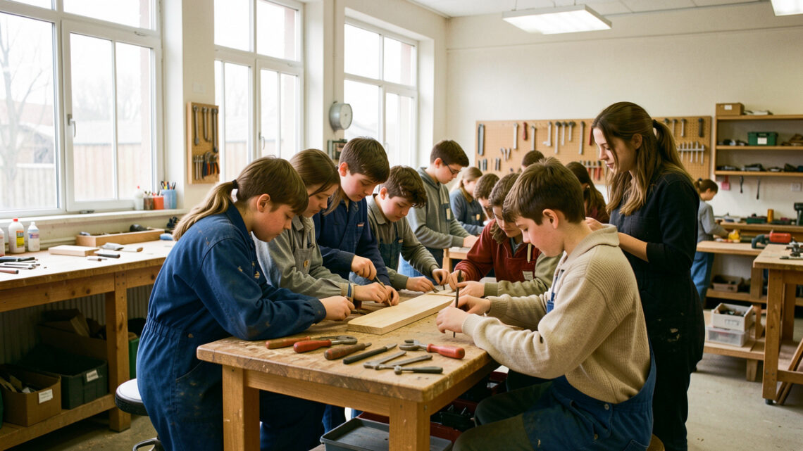 Atelier lumineux de lycée professionnel où des élèves en tenue de travail réalisent ensemble un projet, avec l’accompagnement discret d’une enseignante.