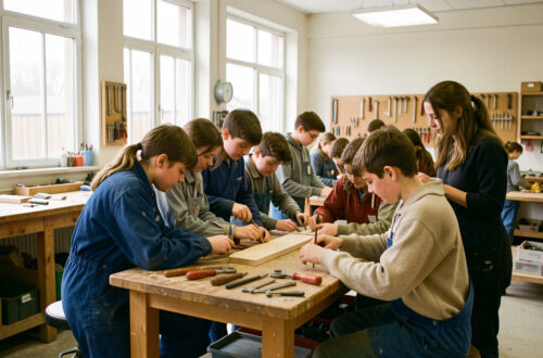 Atelier lumineux de lycée professionnel où des élèves en tenue de travail réalisent ensemble un projet, avec l’accompagnement discret d’une enseignante.