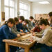 Atelier lumineux de lycée professionnel où des élèves en tenue de travail réalisent ensemble un projet, avec l’accompagnement discret d’une enseignante.