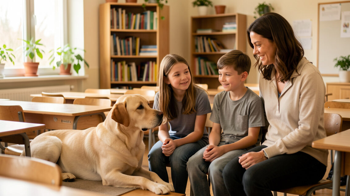 Un chien médiateur labrador est allongé près de trois élèves accompagnés par une enseignante dans une salle de collège calme et apaisante.