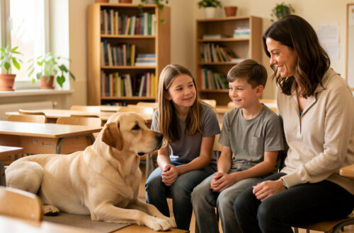 Un chien médiateur labrador est allongé près de trois élèves accompagnés par une enseignante dans une salle de collège calme et apaisante.