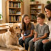 Un chien médiateur labrador est allongé près de trois élèves accompagnés par une enseignante dans une salle de collège calme et apaisante.