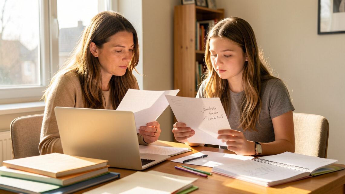 Une mère et une lycéenne comparent des fiches vierges et un ordinateur sur une table lumineuse, dans un espace d’étude calme et organisé.