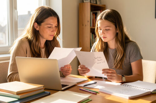 Une mère et une lycéenne comparent des fiches vierges et un ordinateur sur une table lumineuse, dans un espace d’étude calme et organisé.