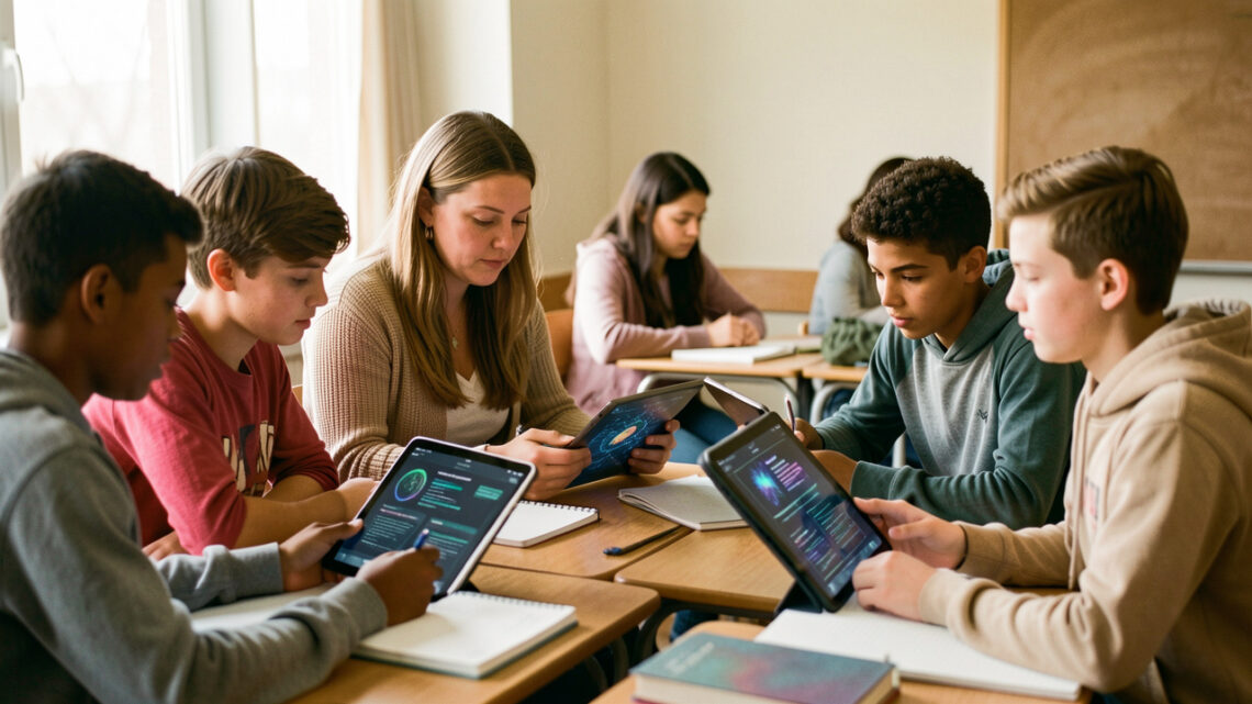 Une enseignante et des élèves de collège analysent ensemble des visualisations abstraites d’une réponse d’intelligence artificielle sur des tablettes, dans une salle de classe studieuse et bienveillante.
