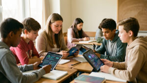 Une enseignante et des élèves de collège analysent ensemble des visualisations abstraites d’une réponse d’intelligence artificielle sur des tablettes, dans une salle de classe studieuse et bienveillante.