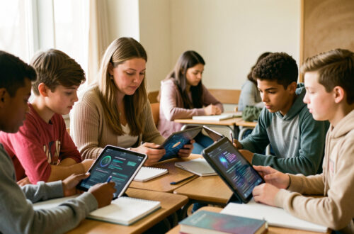 Une enseignante et des élèves de collège analysent ensemble des visualisations abstraites d’une réponse d’intelligence artificielle sur des tablettes, dans une salle de classe studieuse et bienveillante.