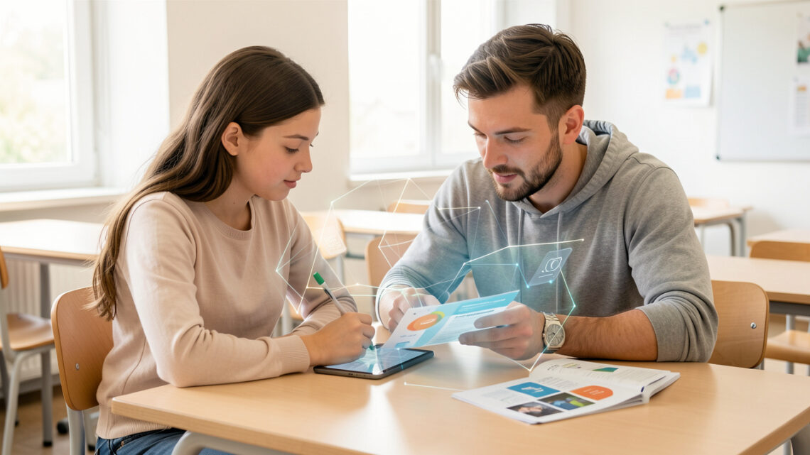 Une collégienne et son père consultent ensemble une tablette dans une salle scolaire lumineuse, autour de l’orientation professionnelle et de l’intelligence artificielle.