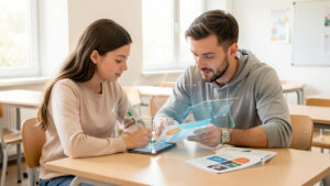 Une collégienne et son père consultent ensemble une tablette dans une salle scolaire lumineuse, autour de l’orientation professionnelle et de l’intelligence artificielle.