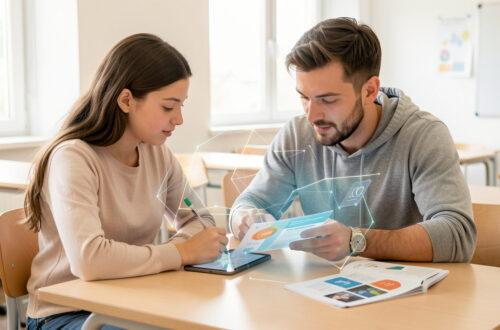 Une collégienne et son père consultent ensemble une tablette dans une salle scolaire lumineuse, autour de l’orientation professionnelle et de l’intelligence artificielle.