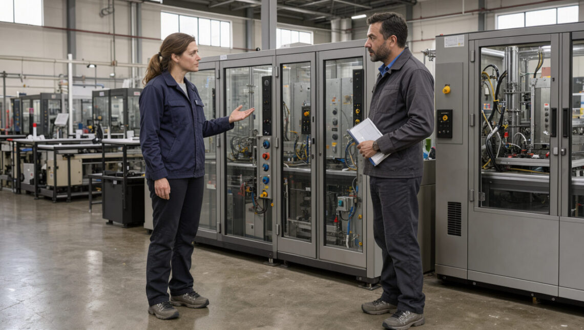 Une professeure de lycée professionnel échange avec un tuteur d’entreprise dans un atelier industriel moderne, devant des machines équipées de protections de sécurité.