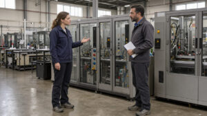 Une professeure de lycée professionnel échange avec un tuteur d’entreprise dans un atelier industriel moderne, devant des machines équipées de protections de sécurité.